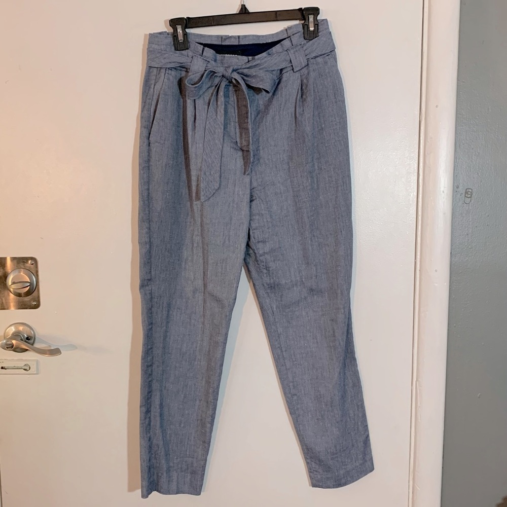 High Rise Paper Bag Waist Cropped Blue Linen Pants